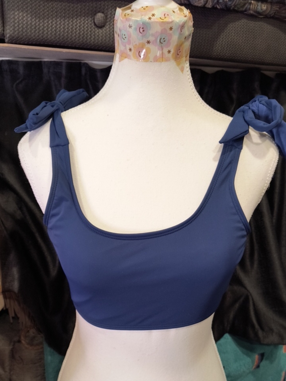 Navy Knot-Shoulder Swim Crop Top